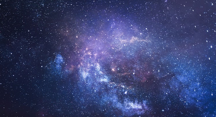 A blue and purple space with stars in the background.