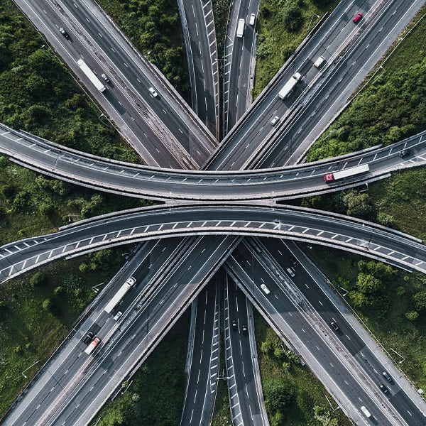 An aerial view of an intersection of highways.
