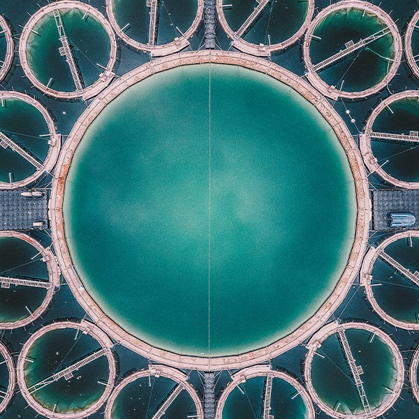 An aerial view of a circular water treatment plant.