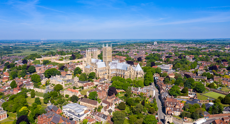 An aerial view of a city in england.