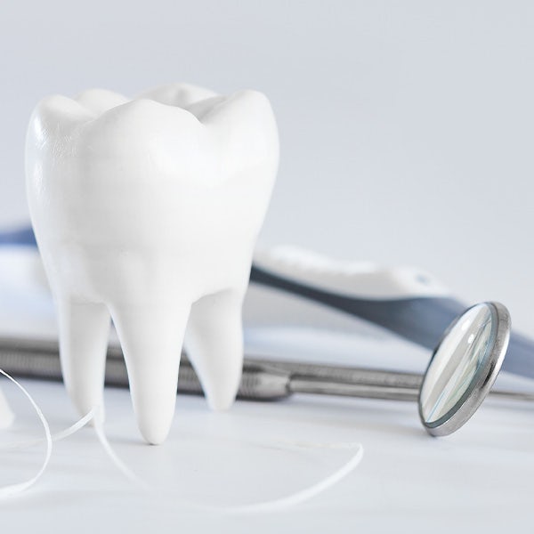 A tooth and dental tools on a white background.