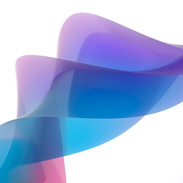 An abstract blue and purple wave on a white background.