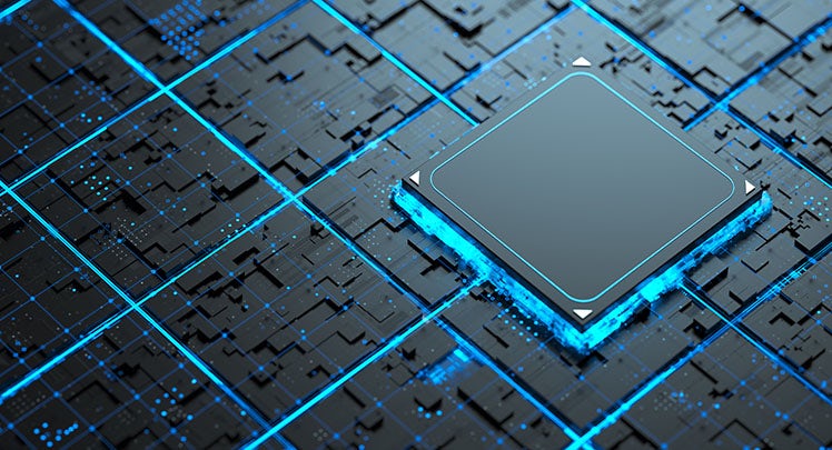 A computer chip on a blue background.