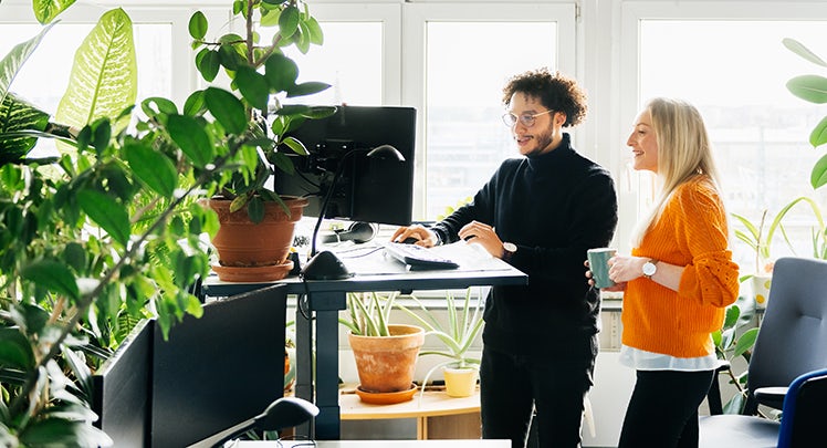 Two people standing in front of a desk with plants.