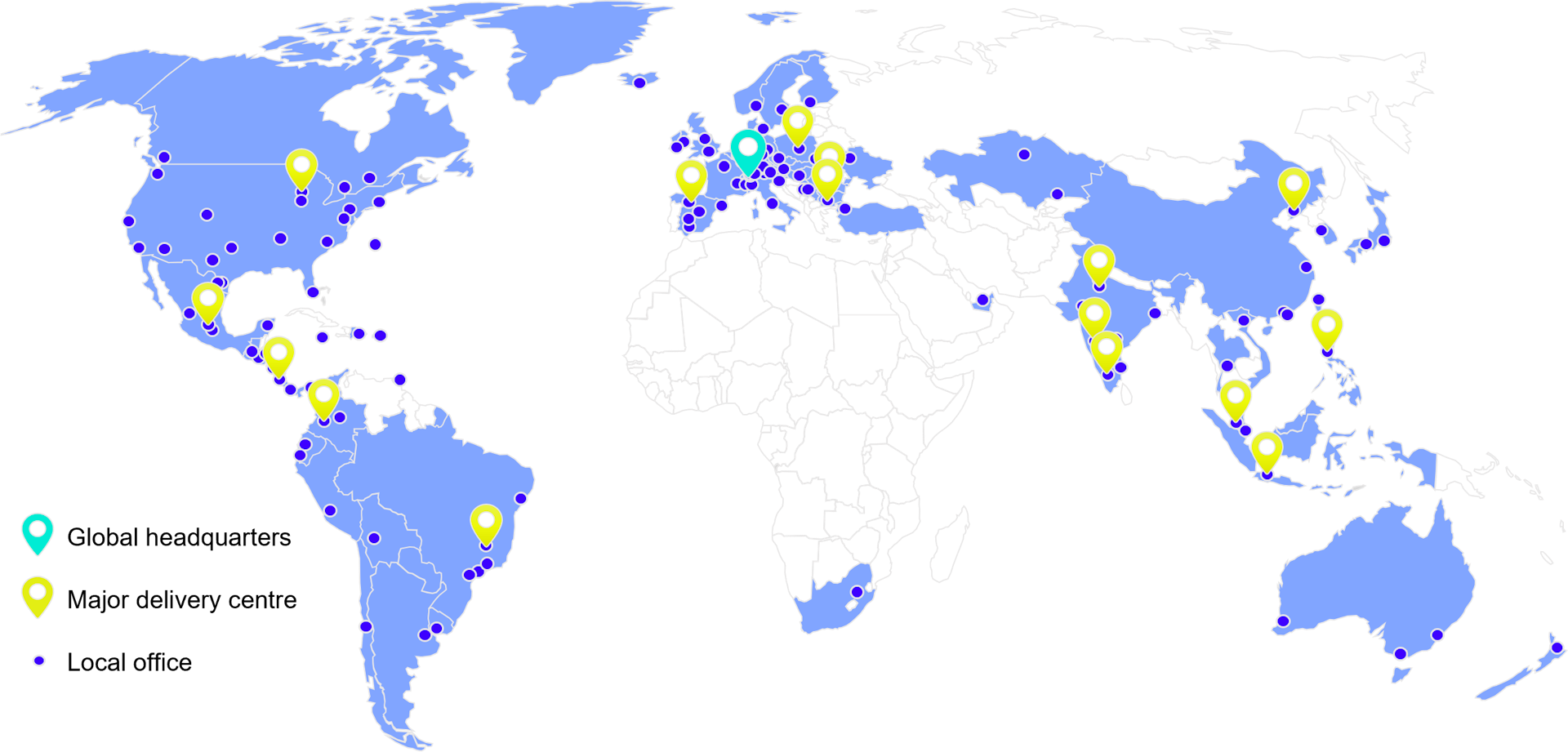 A map of the world with blue and yellow pins.