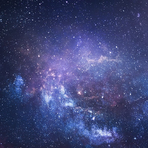 A blue and purple space background with stars.