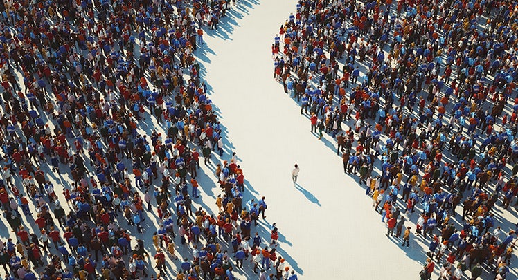 An aerial view of a crowd of people.