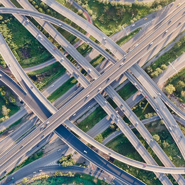 An aerial view of a highway intersection.