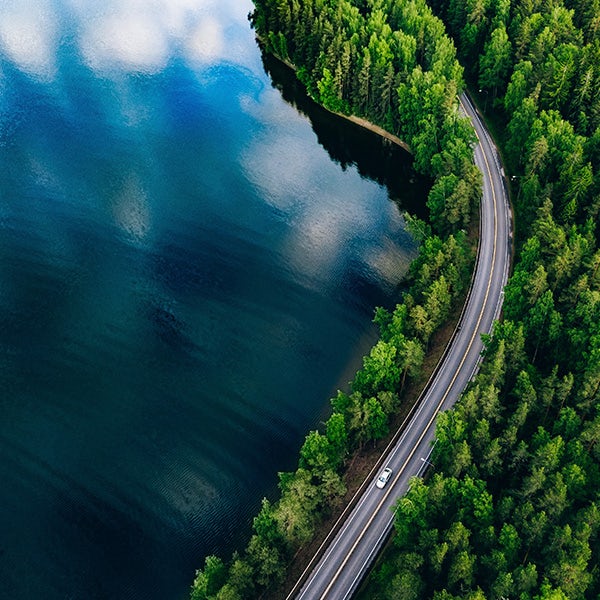 Aerial view of a road in a forest near a lake.