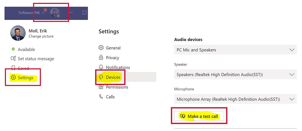 Access your Teams settings make a test call, source: SoftwareOne