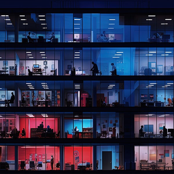 An office building at night.