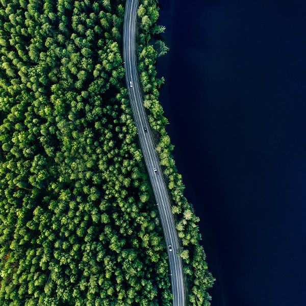 An aerial view of a road through a forest.