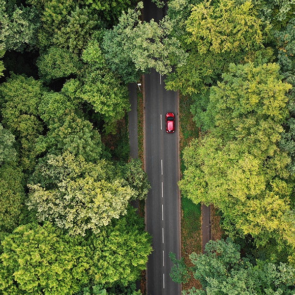 An aerial view of a red car driving down a road in a forest.