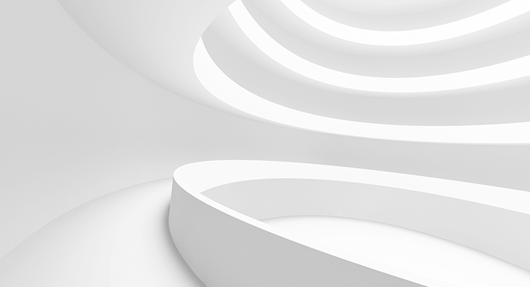 An abstract white room with a spiral staircase.