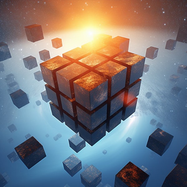 A 3d image of a rubik's cube in space.
