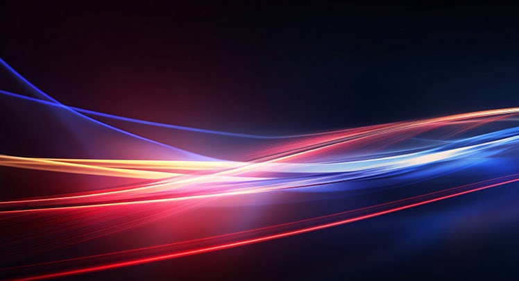 A dark background with blue and red light lines.
