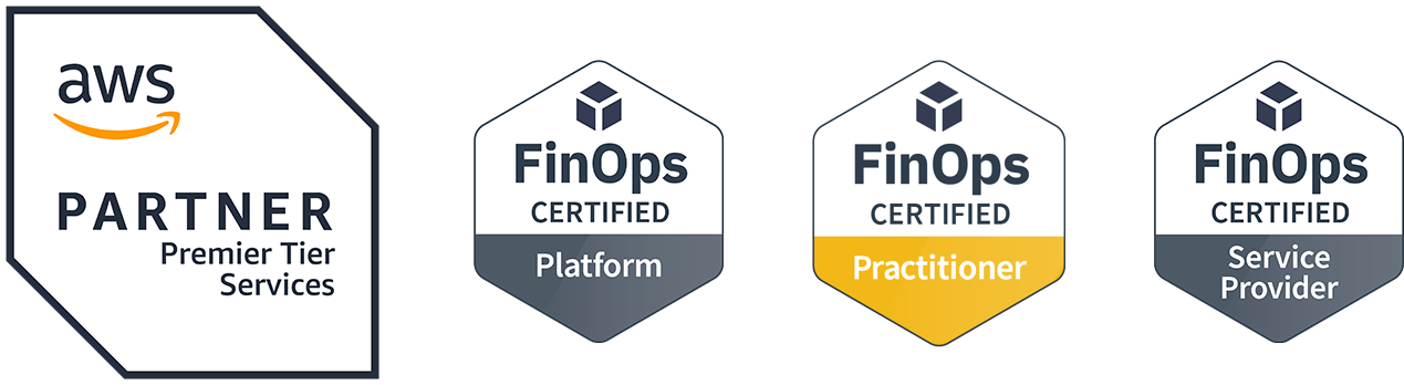 AWS Partner Premier Tier Services, FinOps Certified Platfrom, FinOps Certified Practitioner and FinOps Certified Service Provider logos