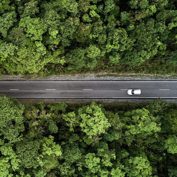 An aerial view of a car driving down a road in a forest.
