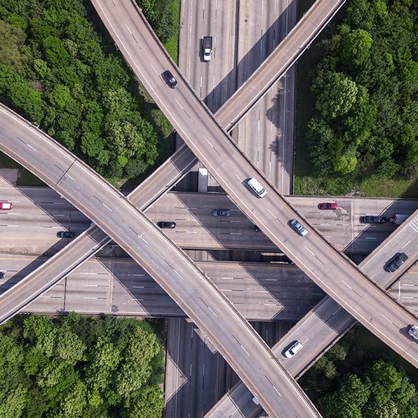 An aerial view of a highway intersection.